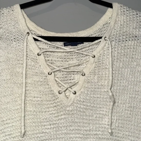 American Eagle Outfitters Cream Lace Up Textured Knit Sweater Women's Small - Picture 2 of 4